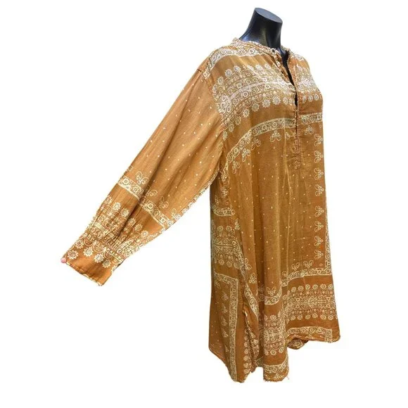 Magnolia Pearl Boho Style Mustard & Cream Floral Print Dress w/Button Front - Picture 4 of 11